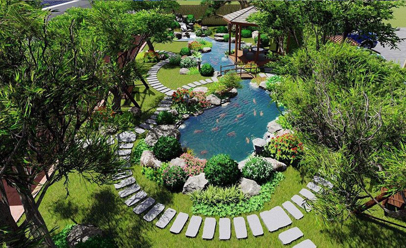 Sân vườn cùng hồ cá koi